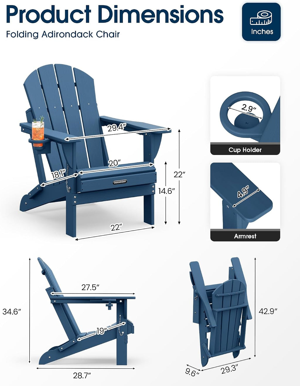 MUCHENGHY Folding Adirondack Chairs Set 4, HDPE for Fire Pit, Navy Blue (Set of 4)