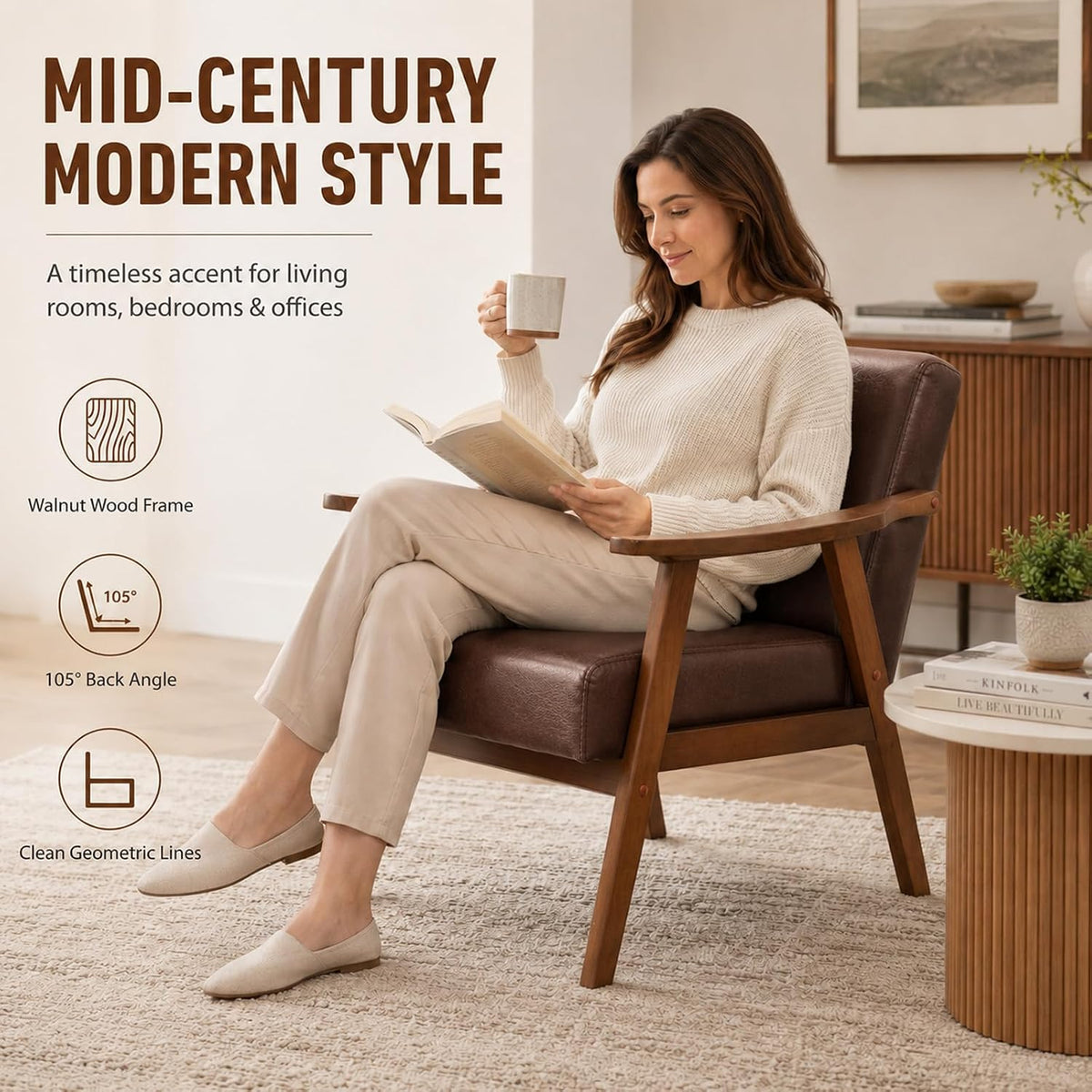 Anwick Mid-Century Modern Accent Chair,PU Leather Living Room Chair with Solid Wood Frame,Comfy Armchair Lounge Reading Chairs for Bedroom Office (Brown)