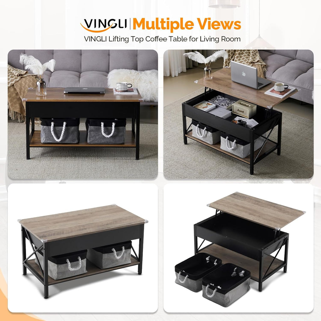 VINGLI 36" Lift Top Coffee Table with Free Cloth Storage Bins, Rustic Framhouse Grey Coffee Tables for Living Room, Small Modern Coffee Table for Small Space in Minimalistic Style, Gray