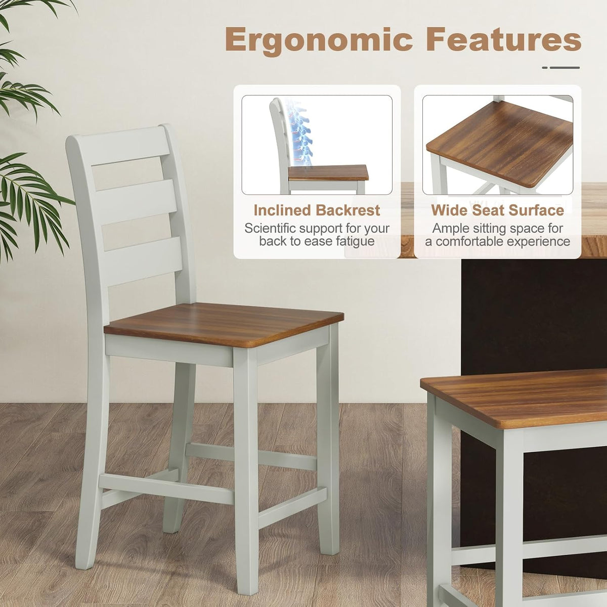 COSTWAY 24'' Wooden Counter Height Chairs Set of 2 with Ladder Back Support