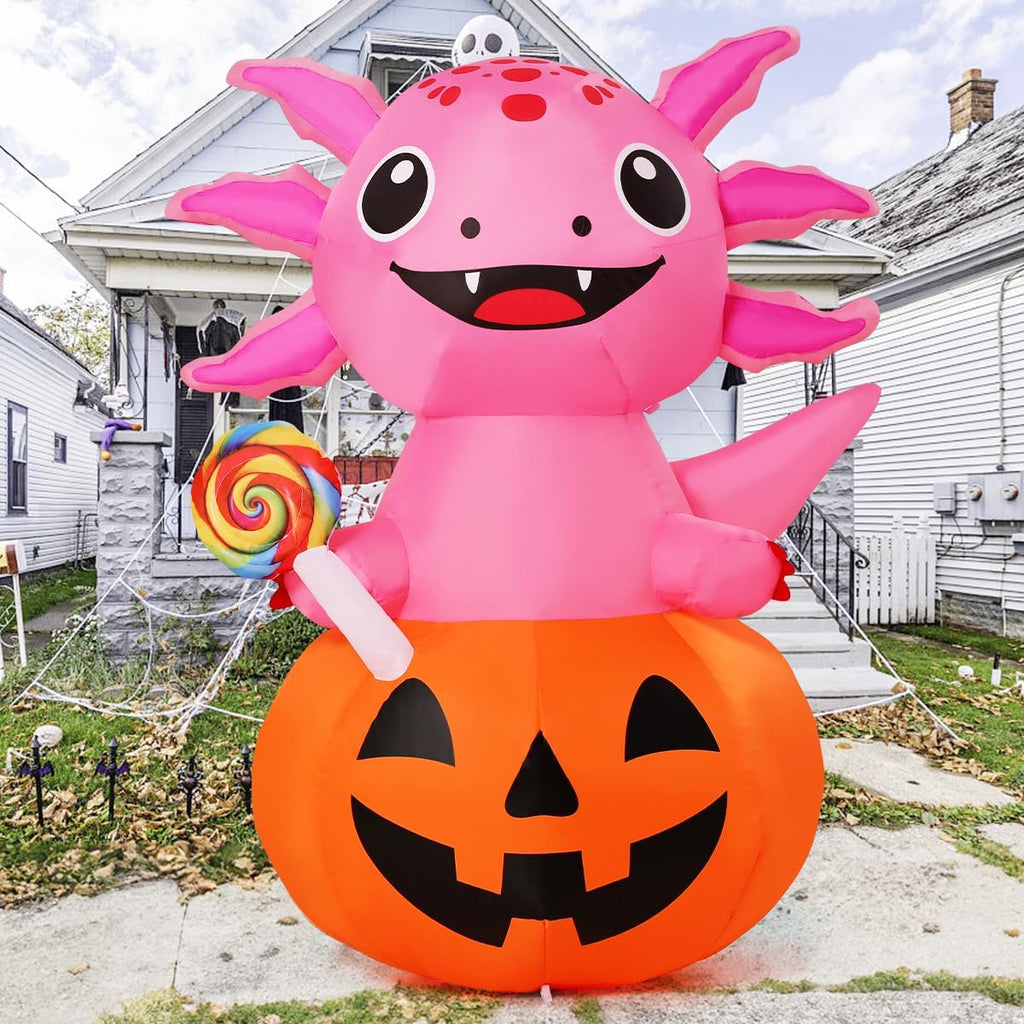 COMIN 5 FT Halloween Inflatables Axolotl Pumpkin Outdoor Decorations Blow Up Yard with Built-in LEDs for Indoor Party Garden Lawn Decor