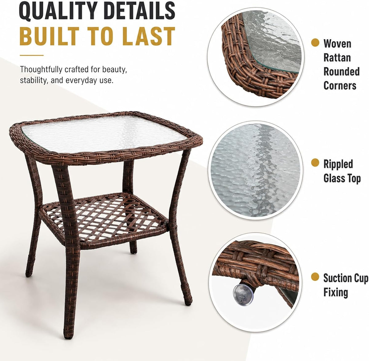 DIMAR GARDEN Outdoor Side Table Wicker Patio Coffee Table with Glass Top and Storage Shelf, Mixed Brown