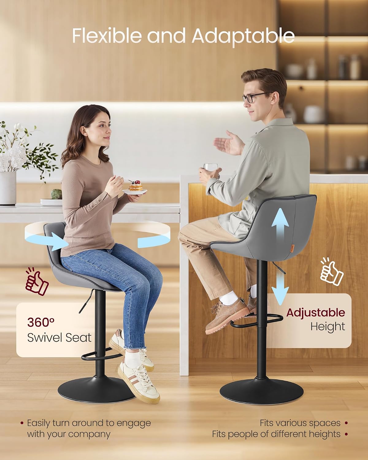 VASAGLE Bar Stools Set of 2, Swivel, Adjustable Height, Spliced Design