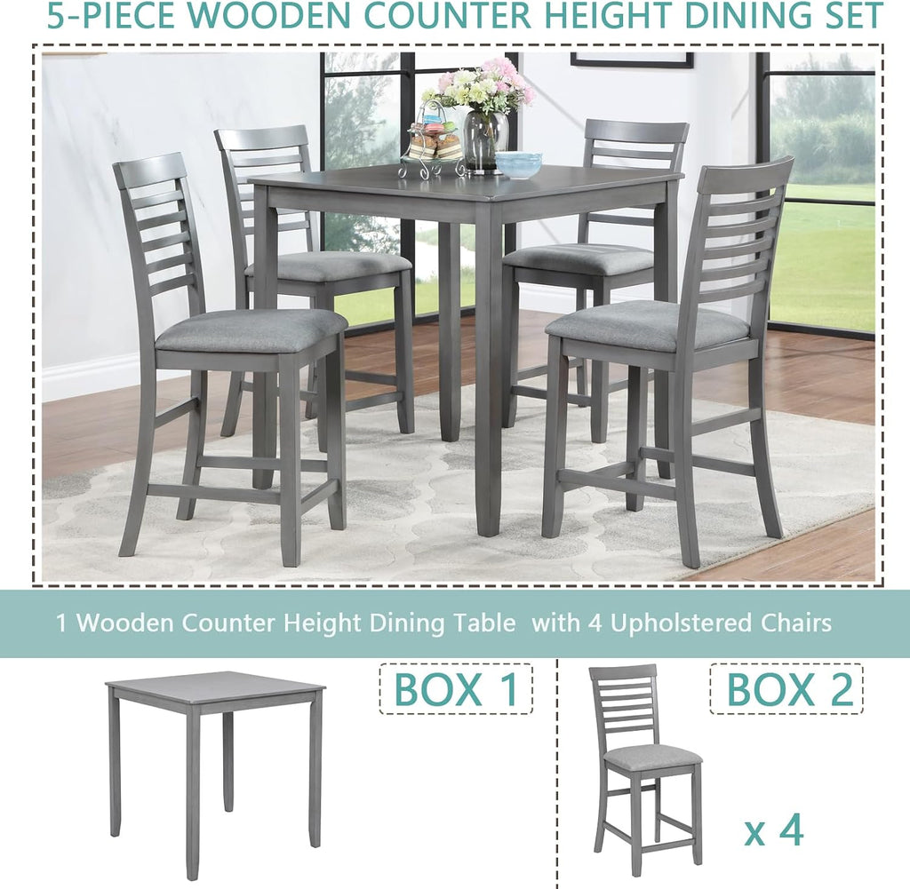 LUMISOL 5-Piece Dining Table Set for 4, Farmhouse Counter Height Kitchen Dining Table Set with 4 Upholstered Chairs for Kitchen, Dining Room, Home Bar, Grey
