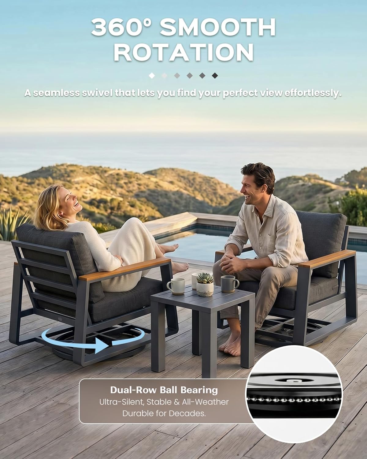 Vexwalx Aluminum Luxury Outdoor Swivel Patio Chairs with Table Set, Oversized 3 Pieces Patio Conversation Furniture Set with High Back&Washable Cushions, Outdoor Bistro Set for Porch, Deck, Graphite