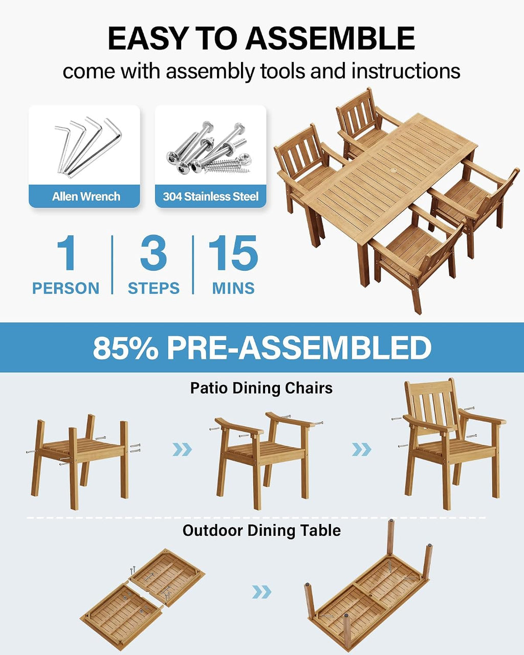 YEFU 5-Piece Patio Table Set, All-Weather HIPS, Metal Aluminum Frame, Teak
