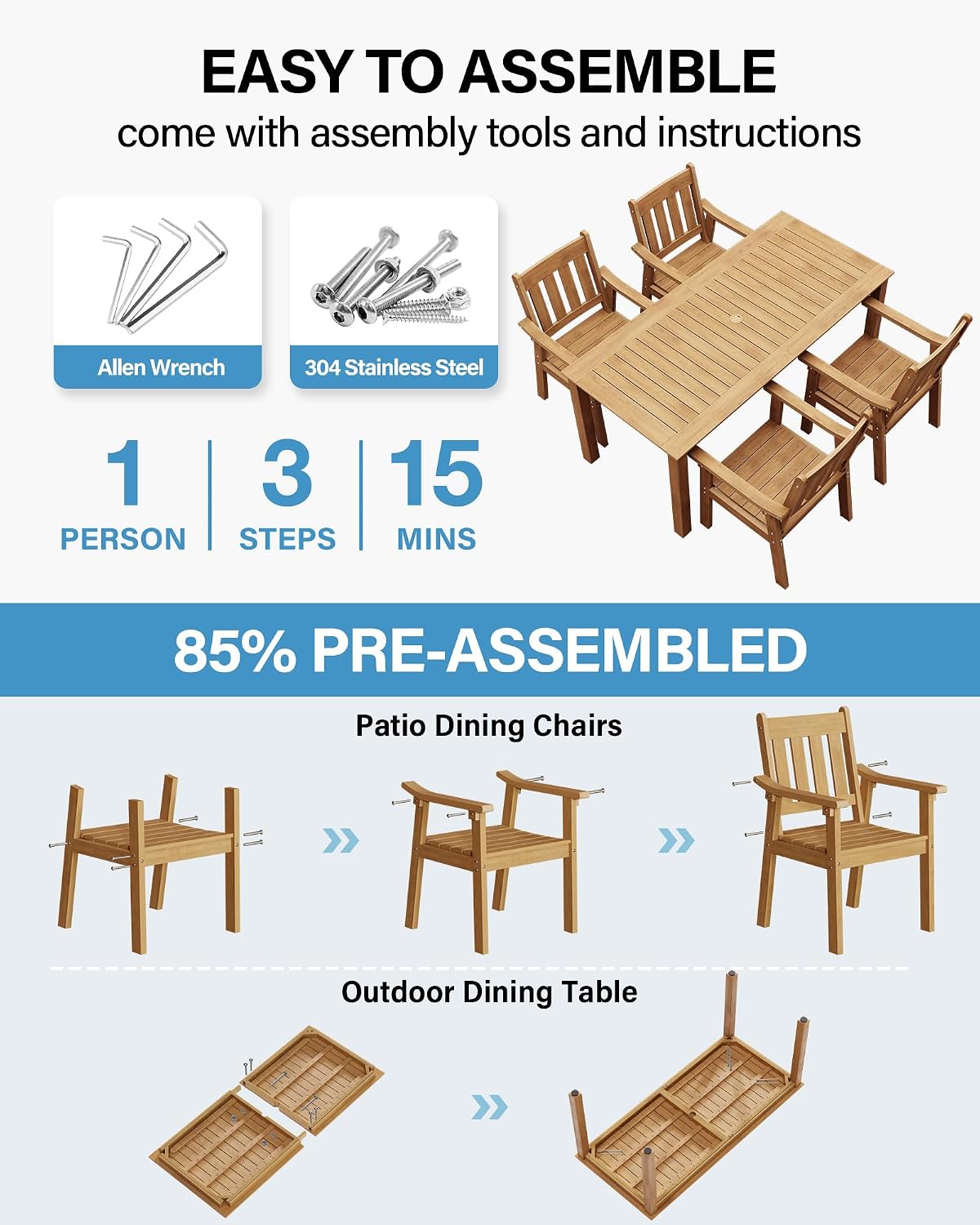 YEFU 5-Piece Patio Table Set, All-Weather HIPS, Metal Aluminum Frame, Teak