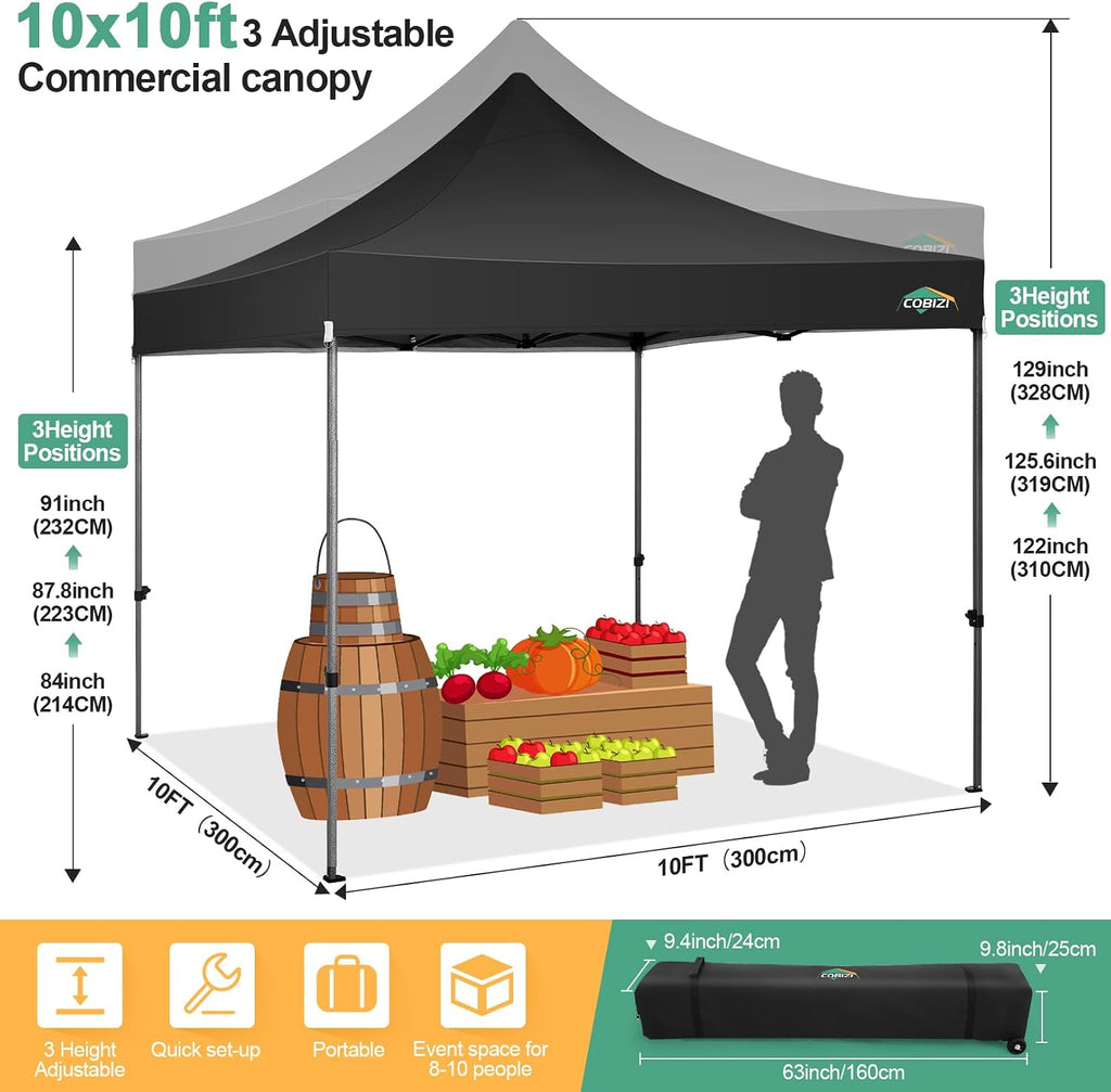 COBIZI 10x10 Heavy Duty Pop Up Canopy Tent with Sidewalls, Easy Up Canopy