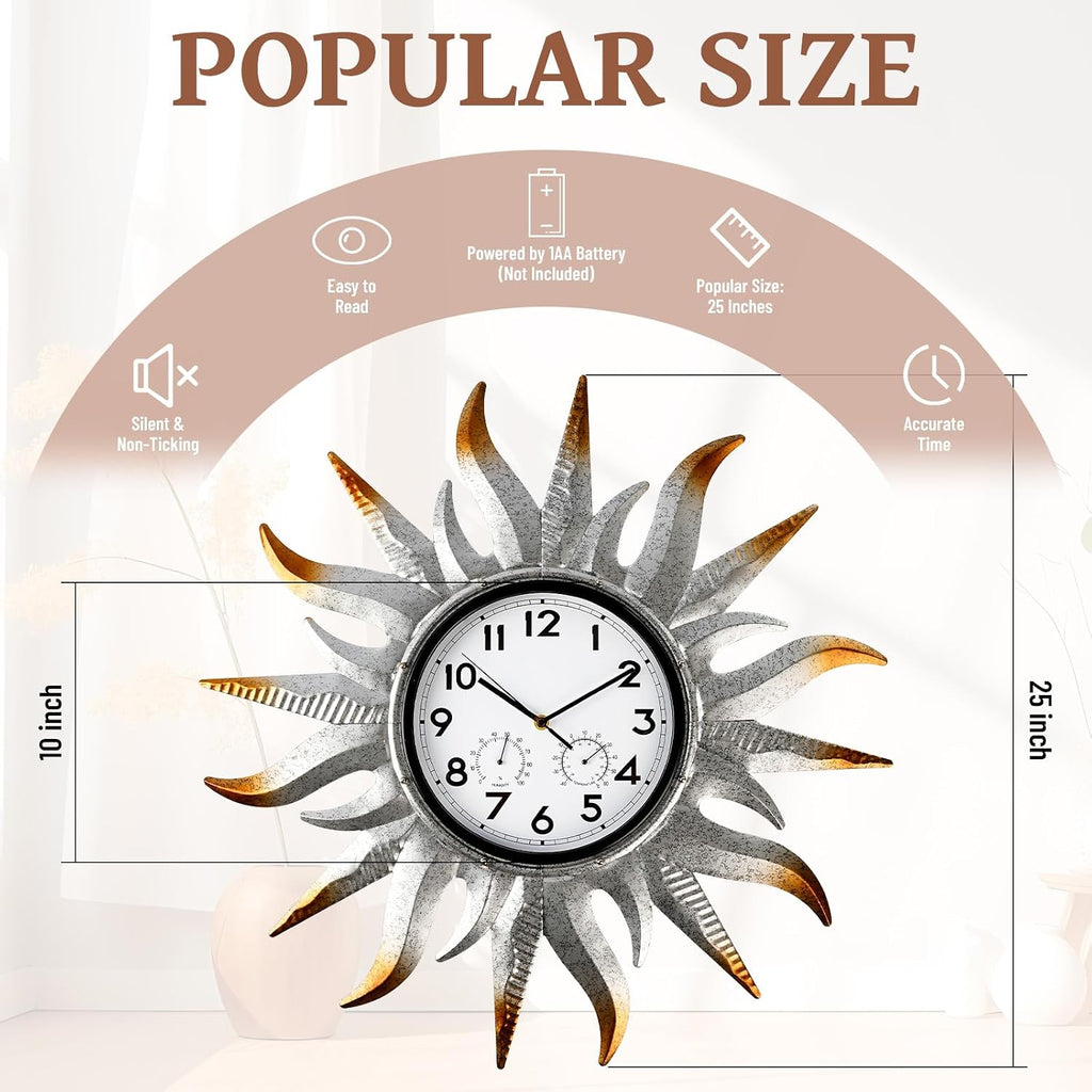 25-Inch Sun-Shaped Outdoor Clock and Thermometer Set, 10-Inch Dial, Battery Powered, Waterproof, Silent Quartz Movement (Silver)