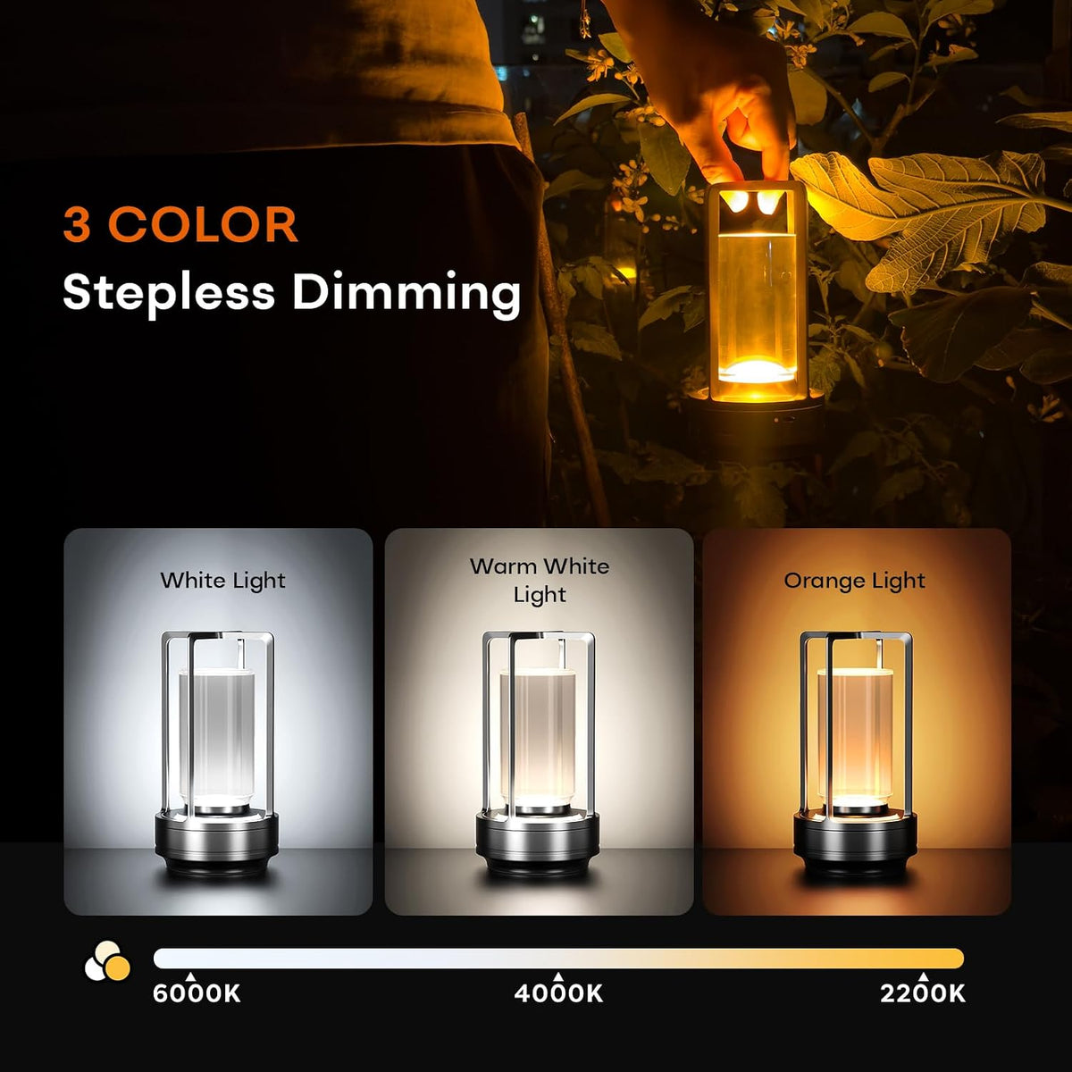 rechargeable cordless small metal table lamp, stepless dimming, close-up detail