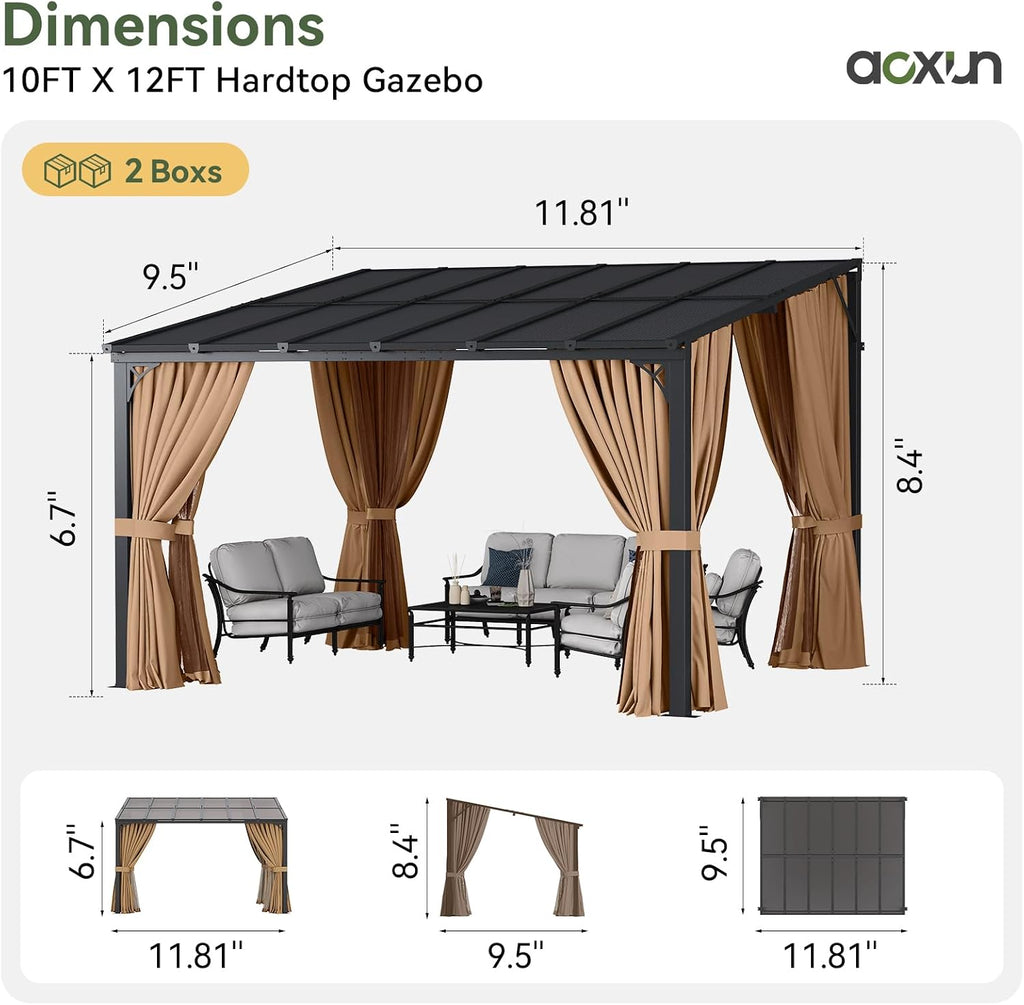 Aoxun 12'x10' Lean to Gazebo, Pergola with Mosquito Net and Curtains, Brown