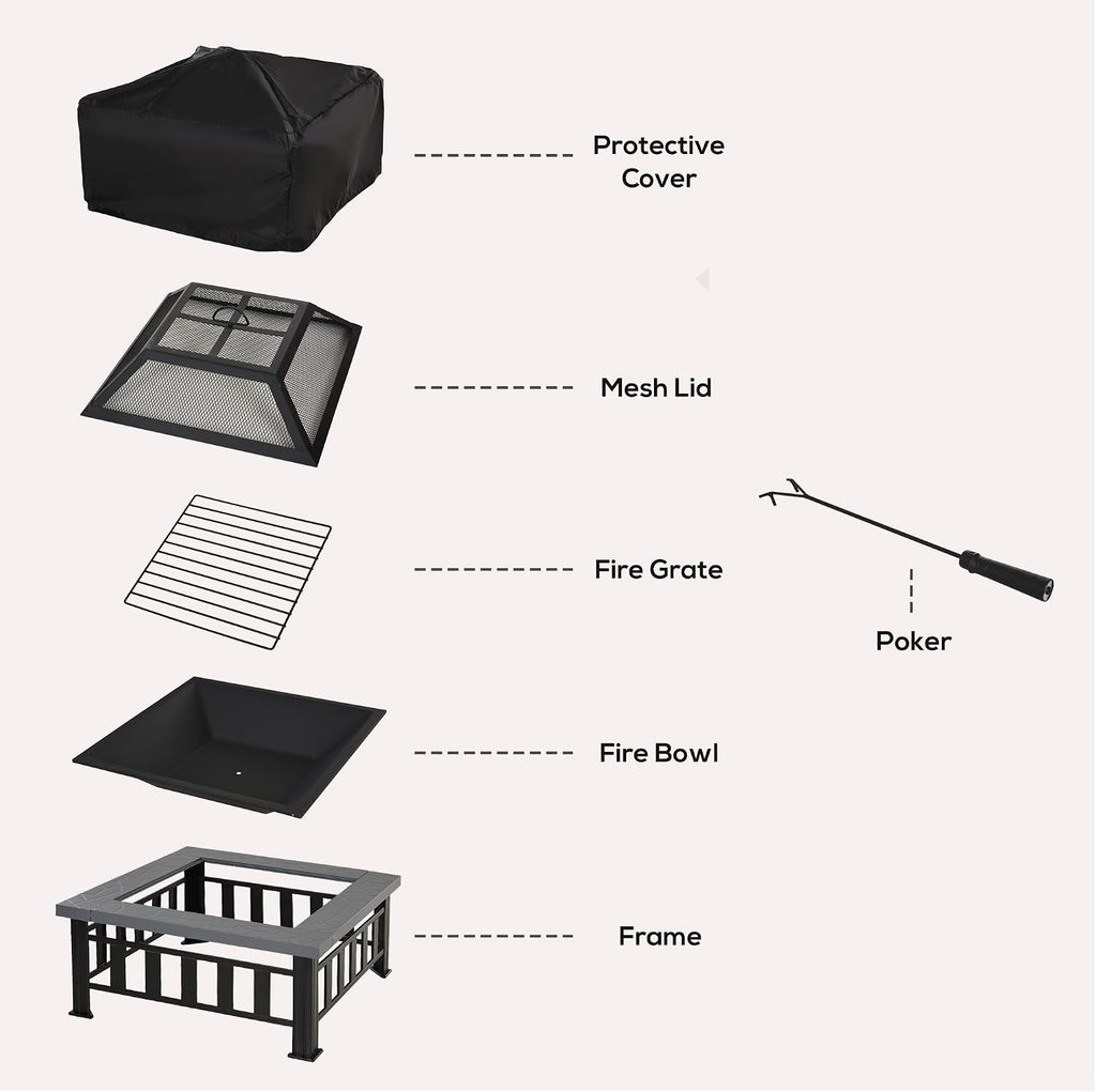 Outsunny 34" Outdoor Fire Pit Square Steel Wood Burning Firepit Bowl