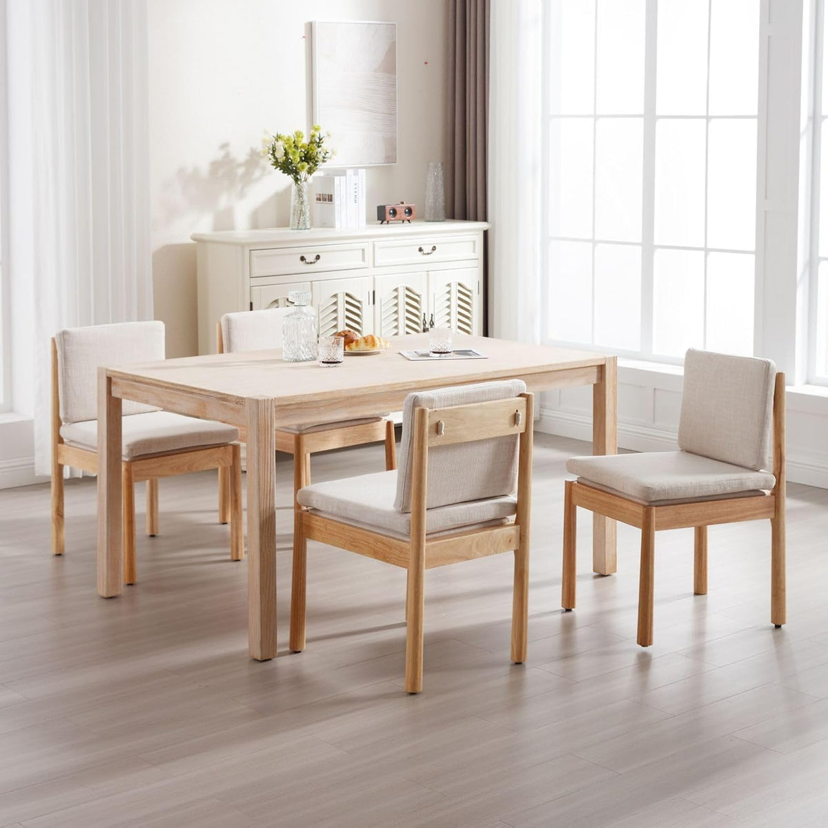 ROCITY Dining Chairs Set of 6, Natural Wooden Frame with Removable Cushions