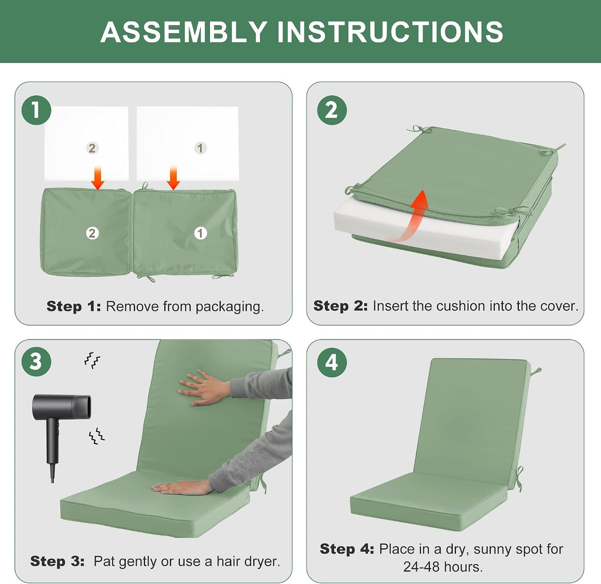 Summsun Patio Dining Chair Cushions 4-Pack, 20 x 20 Inch, Sage Green