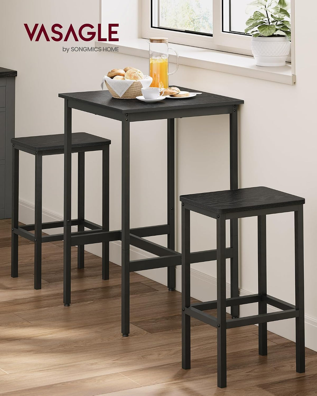 VASAGLE Bar Table and Chairs Set, Square, with 2 Stools, Space Saving