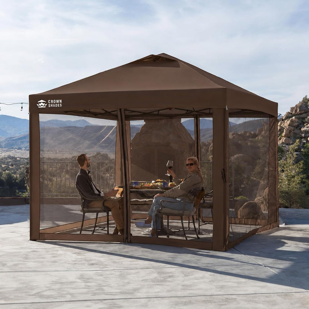 CROWN SHADES Gazebo 10x10 Pop Up Canopy with Mosquito Netting, Coffee