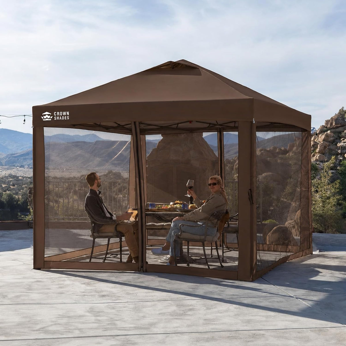 CROWN SHADES Gazebo 10x10 Pop Up Canopy with Mosquito Netting, Coffee