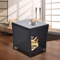 Patio Wicker Storage Side Table,Outdoor PE Rattan Woven Coffee End Table with Tempered Glass Top for Indoor Outdoor Porch Lawn Poolside Garden Backyard Balcony(Black)
