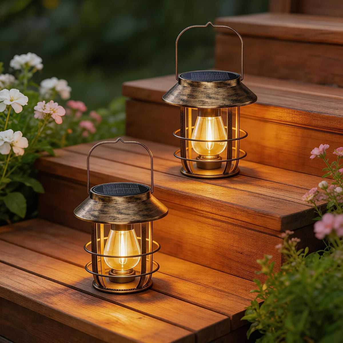 4 Pack Solar Lanterns Outdoor Waterproof, Metal Hanging Lantern, Bronze