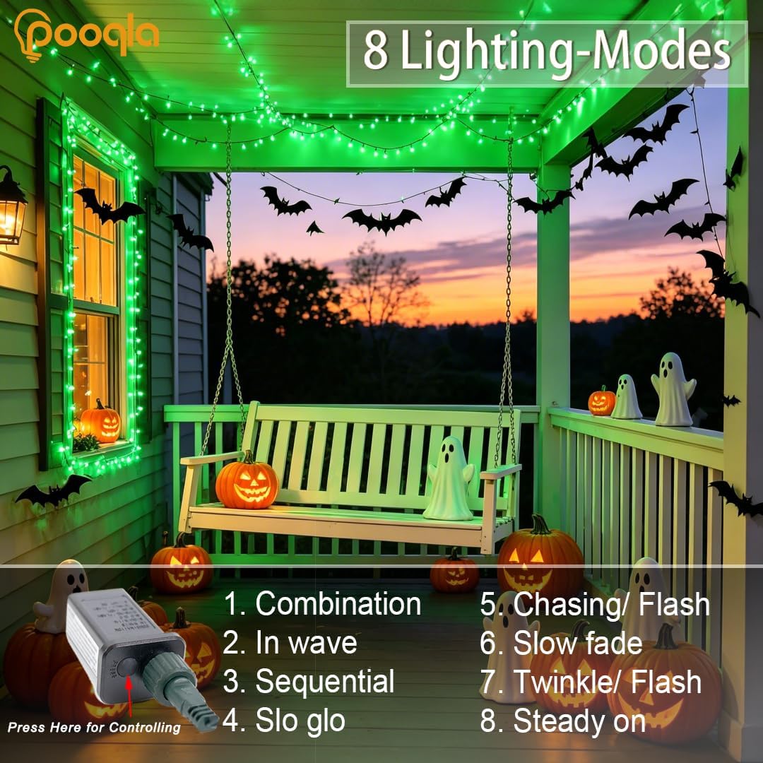 Pooqla 500 LED String Lights Indoor Outdoor, 164 ft Green Halloween Lights Plug in with Timer, Connectable 8 Modes Waterproof Clear Wire Twinkle Fairy Lights for Xmas Tree Christmas Decor