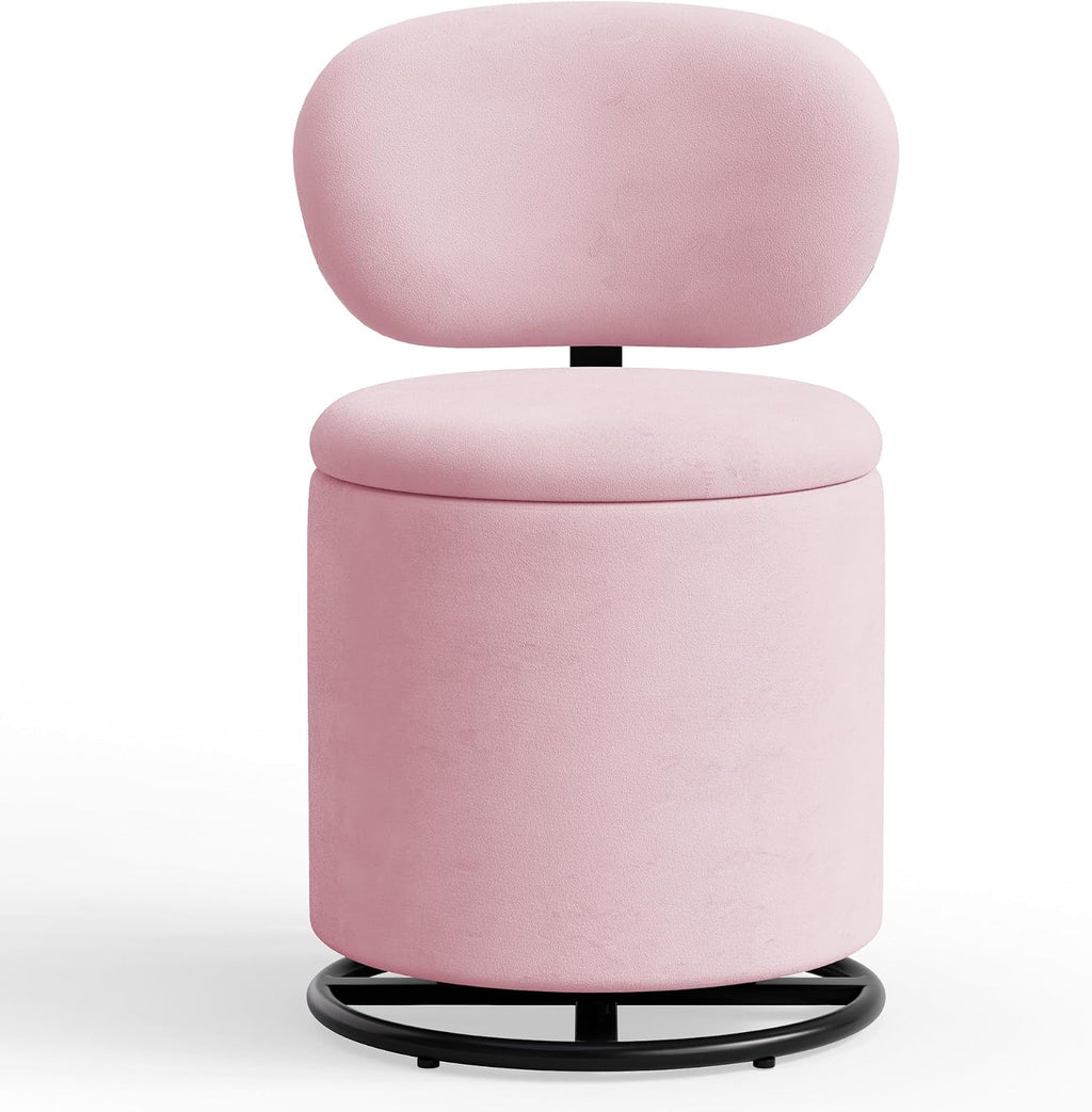 LIVELYGLOW Pink Velvet Swivel Vanity Chair with Storage Makeup Stool