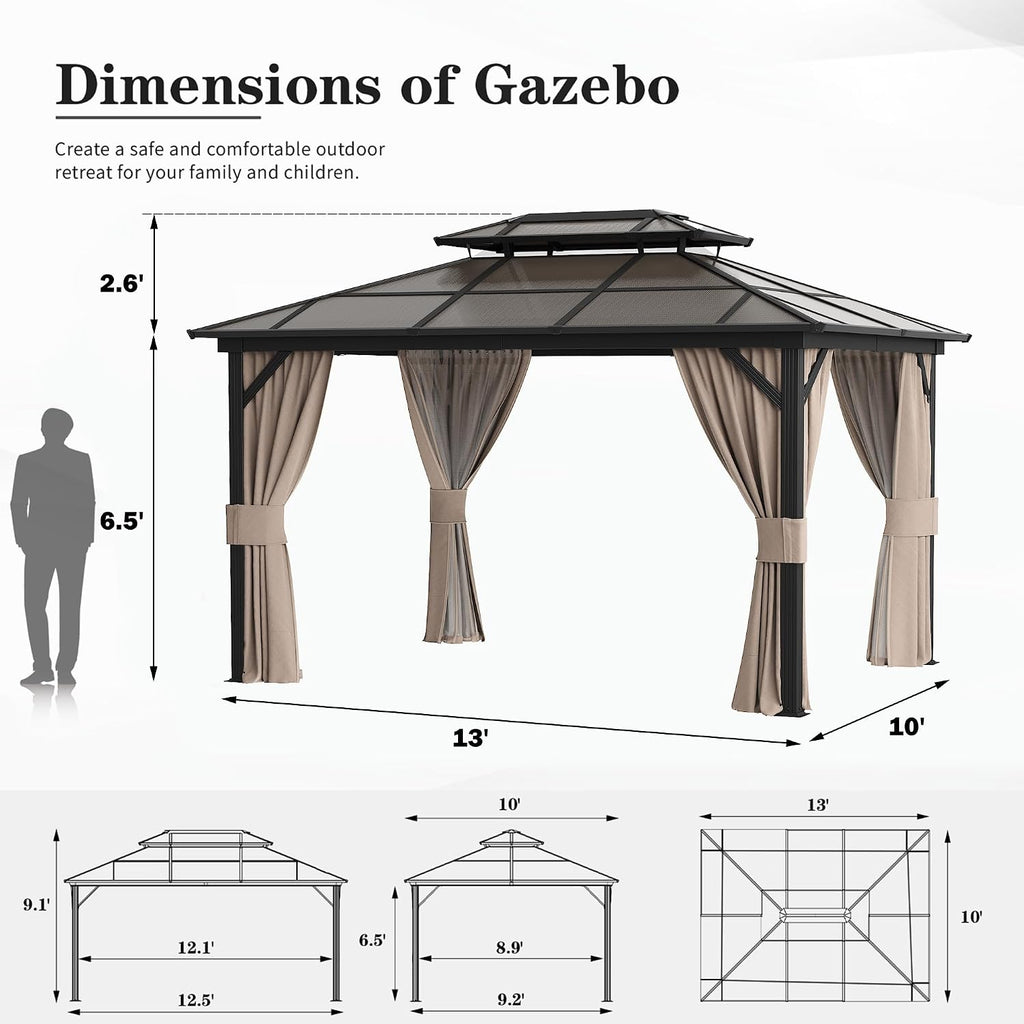 YOLENY 10x13 Gazebo with Double Polycarbonate Roof & Aluminum Frame