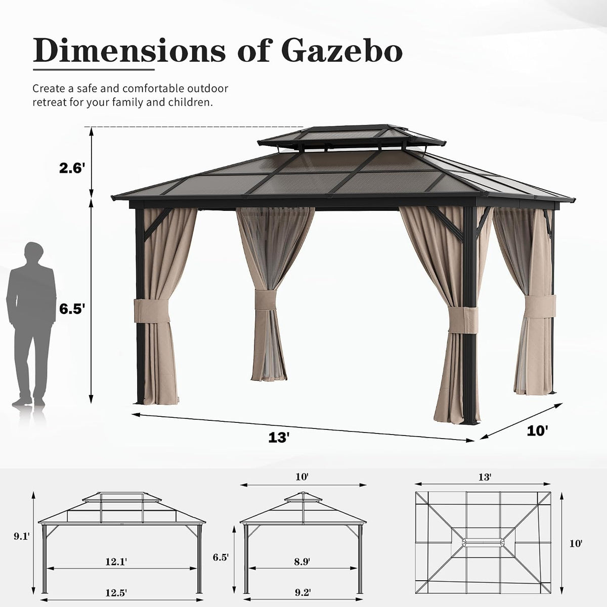 YOLENY 10x13 Gazebo with Double Polycarbonate Roof & Aluminum Frame