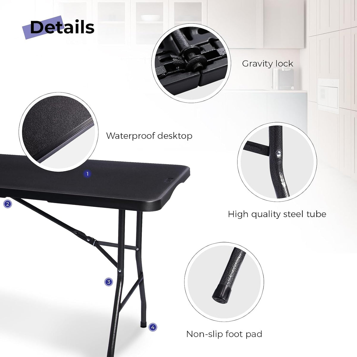 Folding Table 6ft, Heavy Duty Portable Utility Table with Handle, Black
