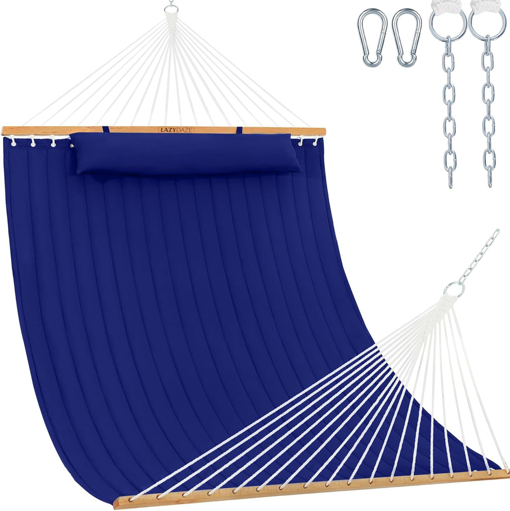 Lazy Daze 12 FT Double Hammock with Spreader Bar for Outside, Navy Blue