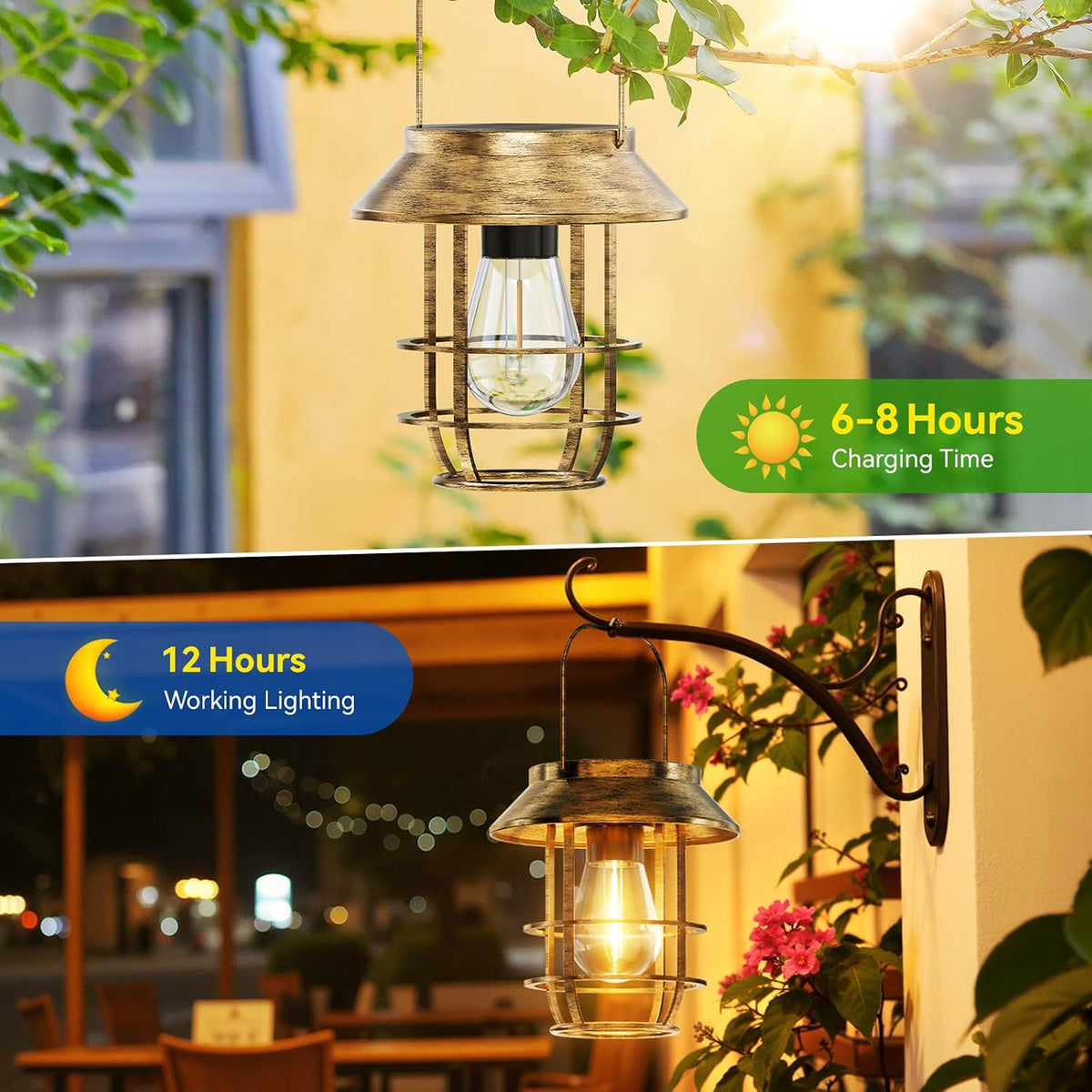 4 Pack Solar Lanterns Outdoor Waterproof, Metal Hanging Lantern, Bronze