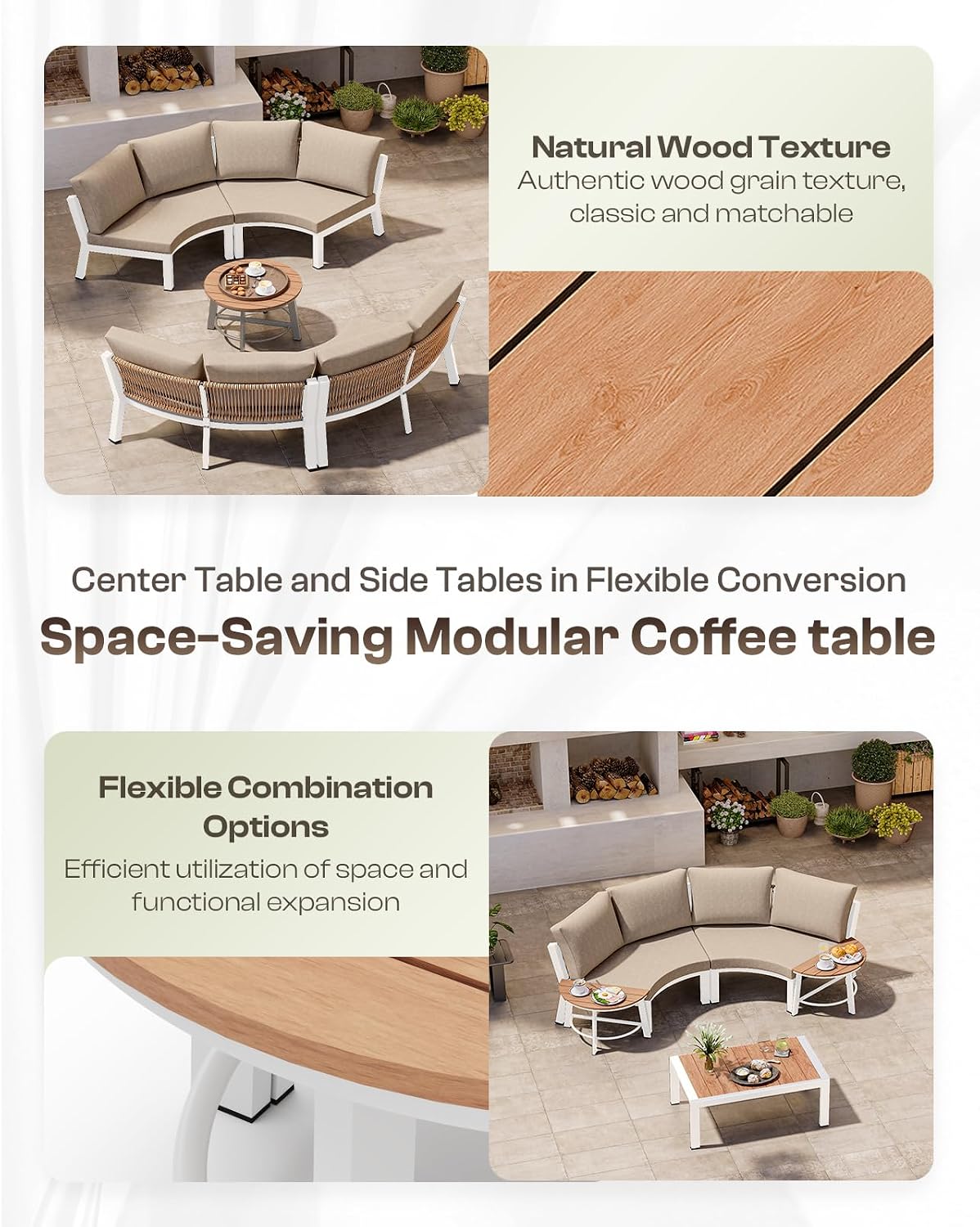 Luxury Patio Furniture Set for 5 People, 4-Piece Curved Patio Conversation Sets with Woven Rope & Modular Coffee Table, Half Moon Outdoor Furnitrue Set for Deck, Garden, White