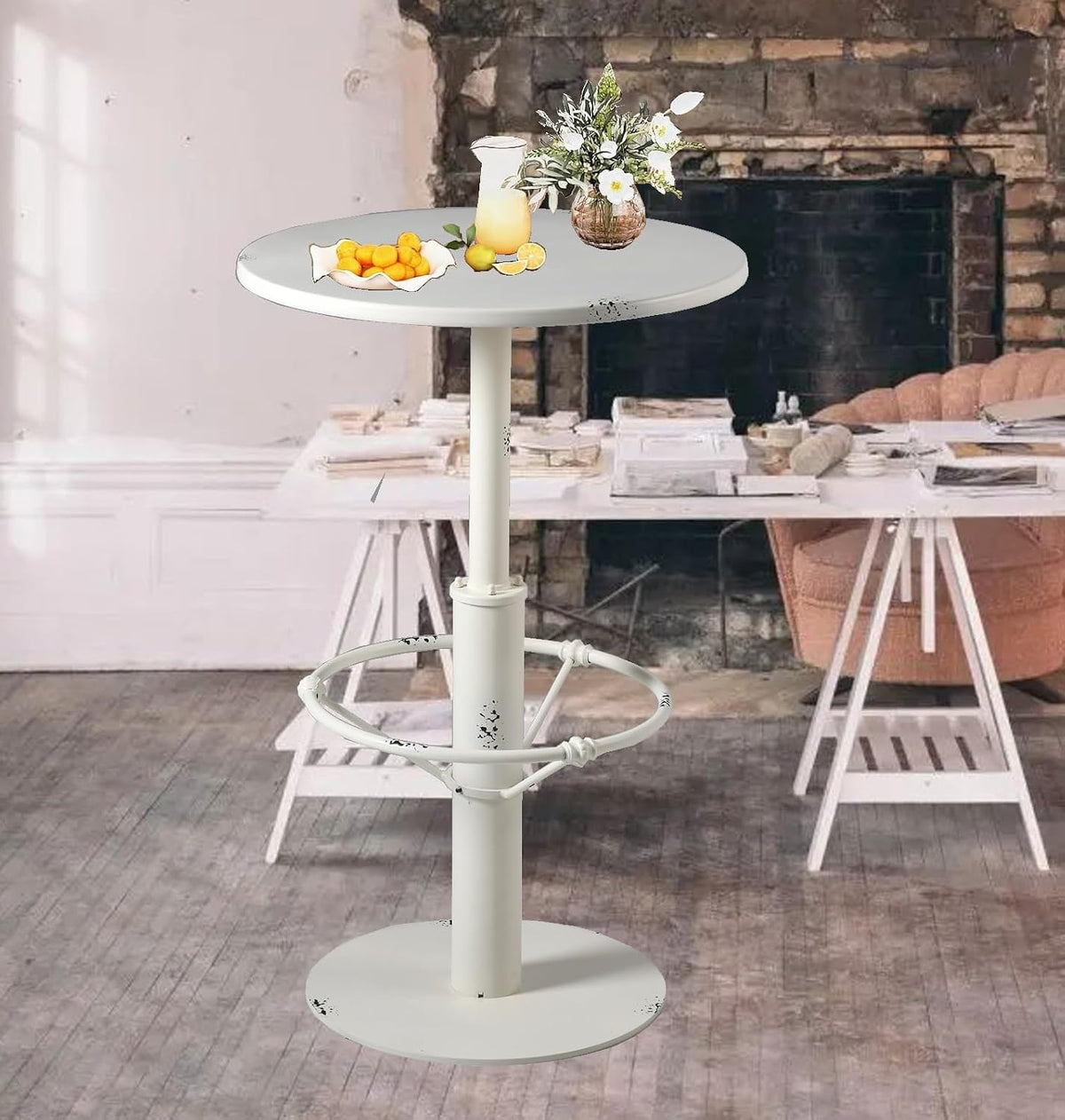 Industrial Pub Table 23.6" Iron Round Desktop 37.4" Height Cast Iron Bar Table Antique White