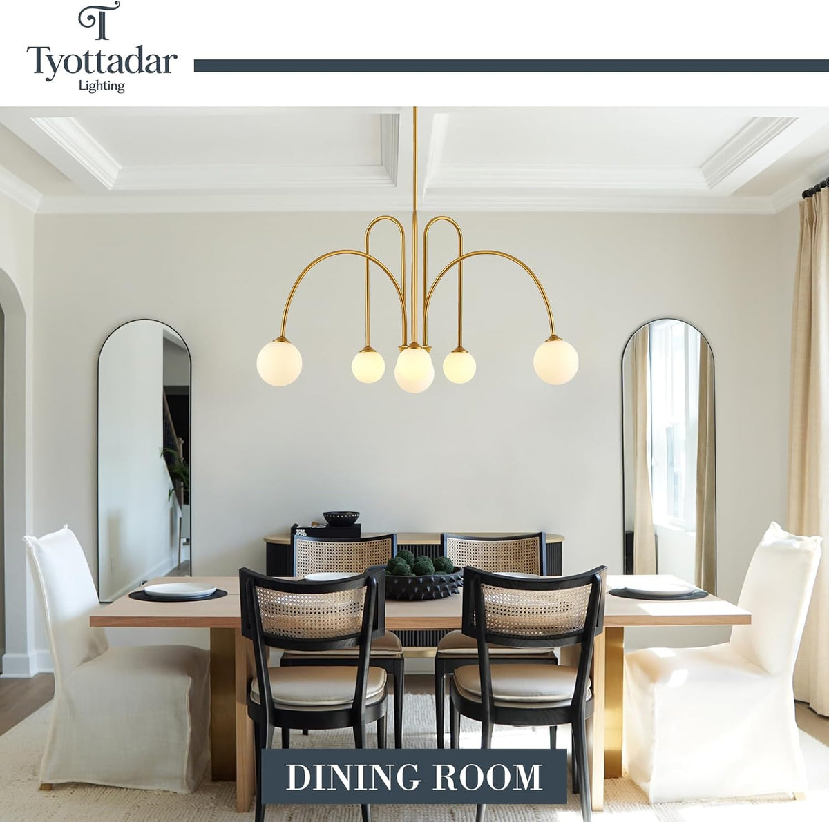 Modern Sputnik Chandelier 6-Light Gold Chandelier for Dining Room L41’’ Large Mid Century Pendant Light Fixture with Milk Glass Globe Shades for Living Room Bedroom