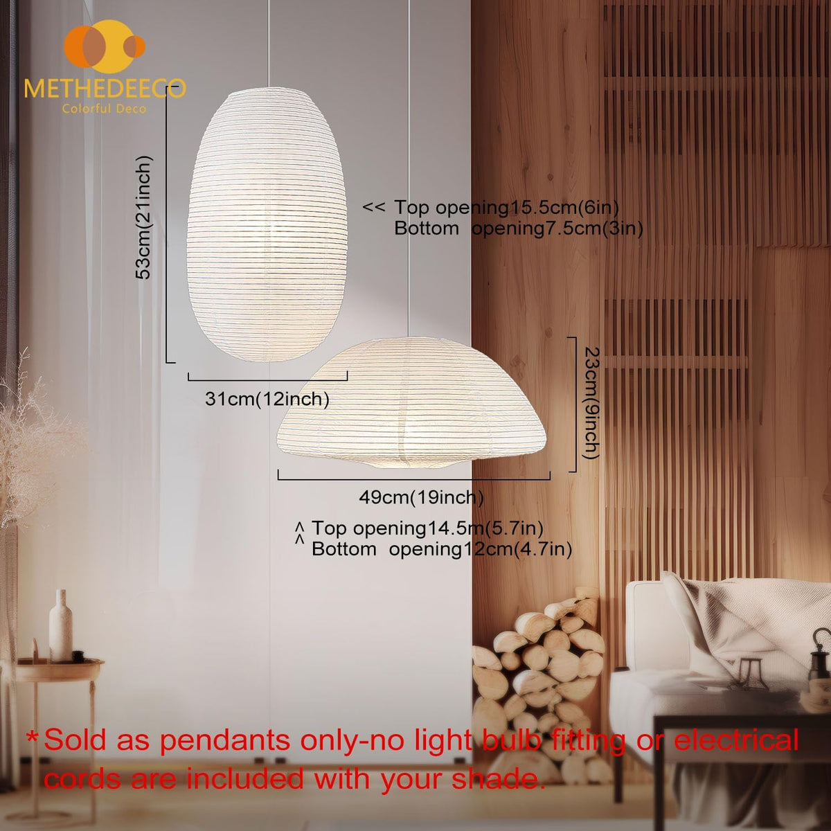 METHEDEECO Set of 2 Rice Paper Pendant Light Shades, 19in & 21in