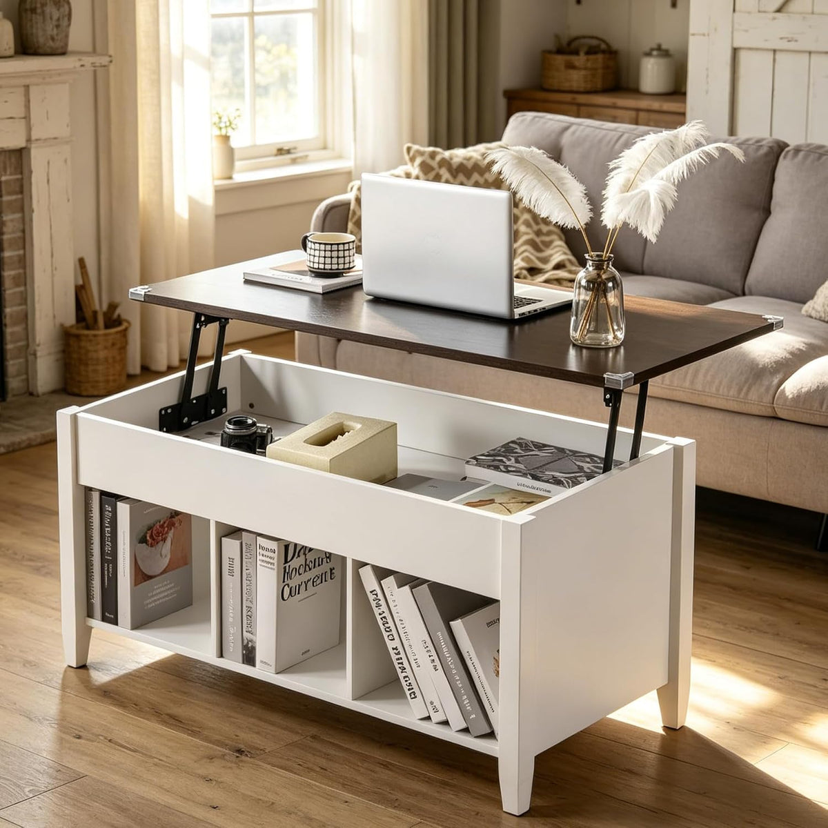Bonnlo Lift Top Coffee Table, Wood Coffee Table with Lifting Tabletop, Hidden Storage, 3 Open Shelves, 39" Center Table for Living Room, Home Office, White & Dark Brown