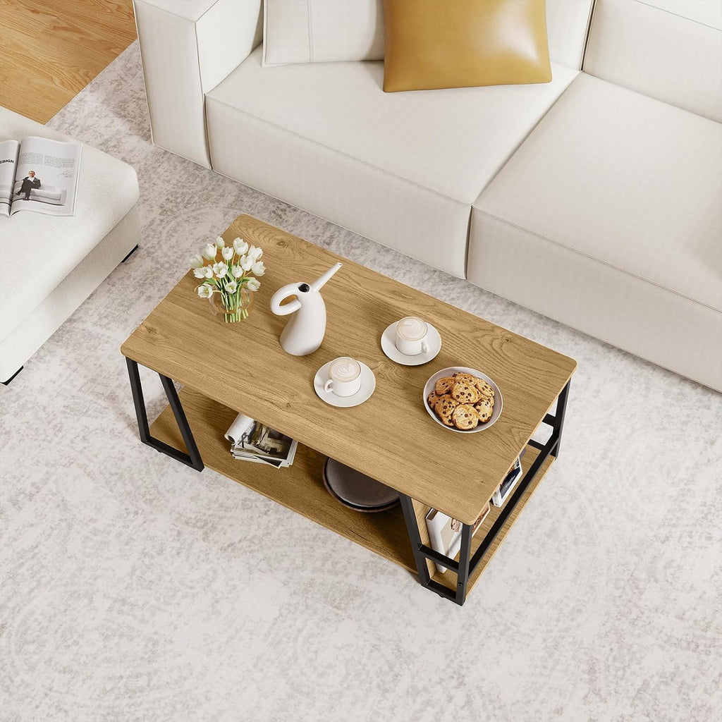 GIANTEX Modern Coffee Table with Storage, 2-Tier Wood Center Table, Oak