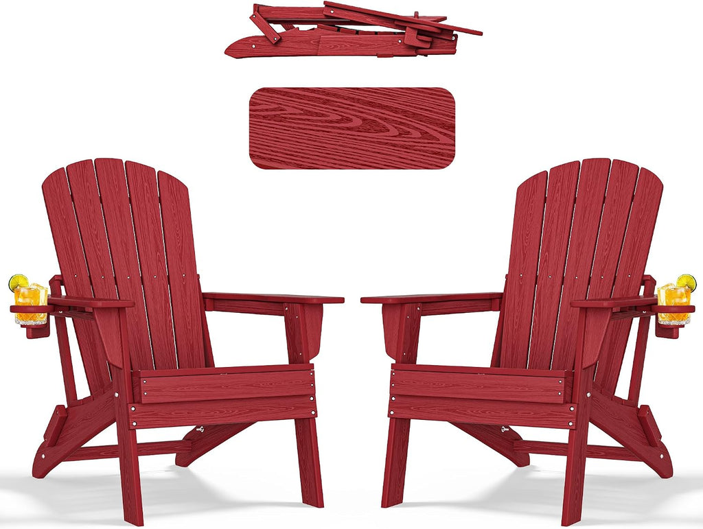 nevilywood Folding Adirondack Chairs Set of 2, HDPE Cup Holders, Red