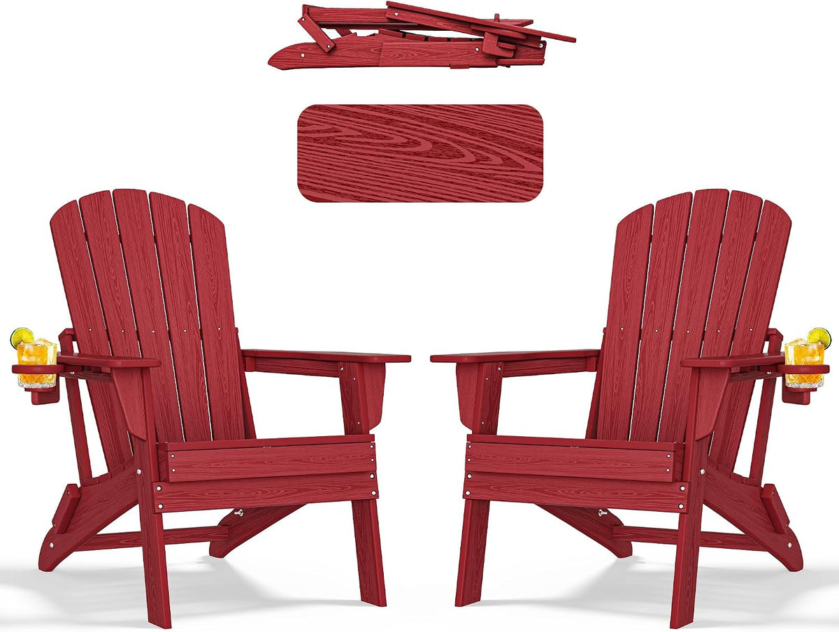nevilywood Folding Adirondack Chairs Set of 2, HDPE Cup Holders, Red