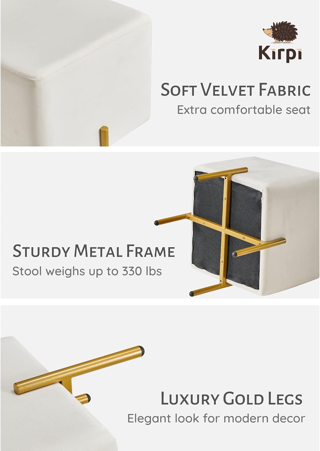 Kirpi Cream Velvet Foot Stool Set of 2, Modern Vanity Ottoman Stools with Gold Legs, Cube Accent Foot Rest for Living Room Bedroom Makeup Vanity (Cream)
