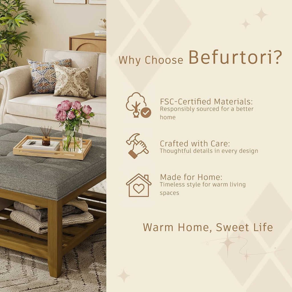 Befurtori Large Square Ottoman Coffee Table, Linen Solid Upholstered Footrest Ottoman with Solid Wood Shelf Storage Tufted Coffee Table for Bedroom Living Room, Granite