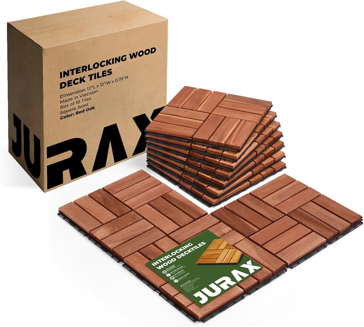 Jurax Interlocking Wood Deck Tiles, 10Pcs Patio Flooring, Red Oak