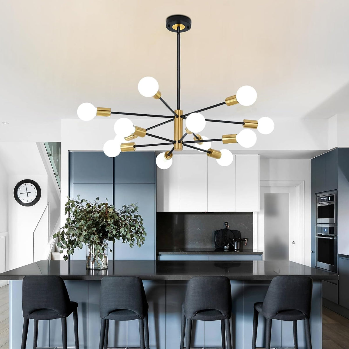 12-Light Modern Sputnik Chandelier, Mid Century Black Gold Ceiling Chandeliers, E26 Base,Branch Height Adjustable Pendant Lighting Fixture for Kitchen Island Dining Room Living Room Bedroom