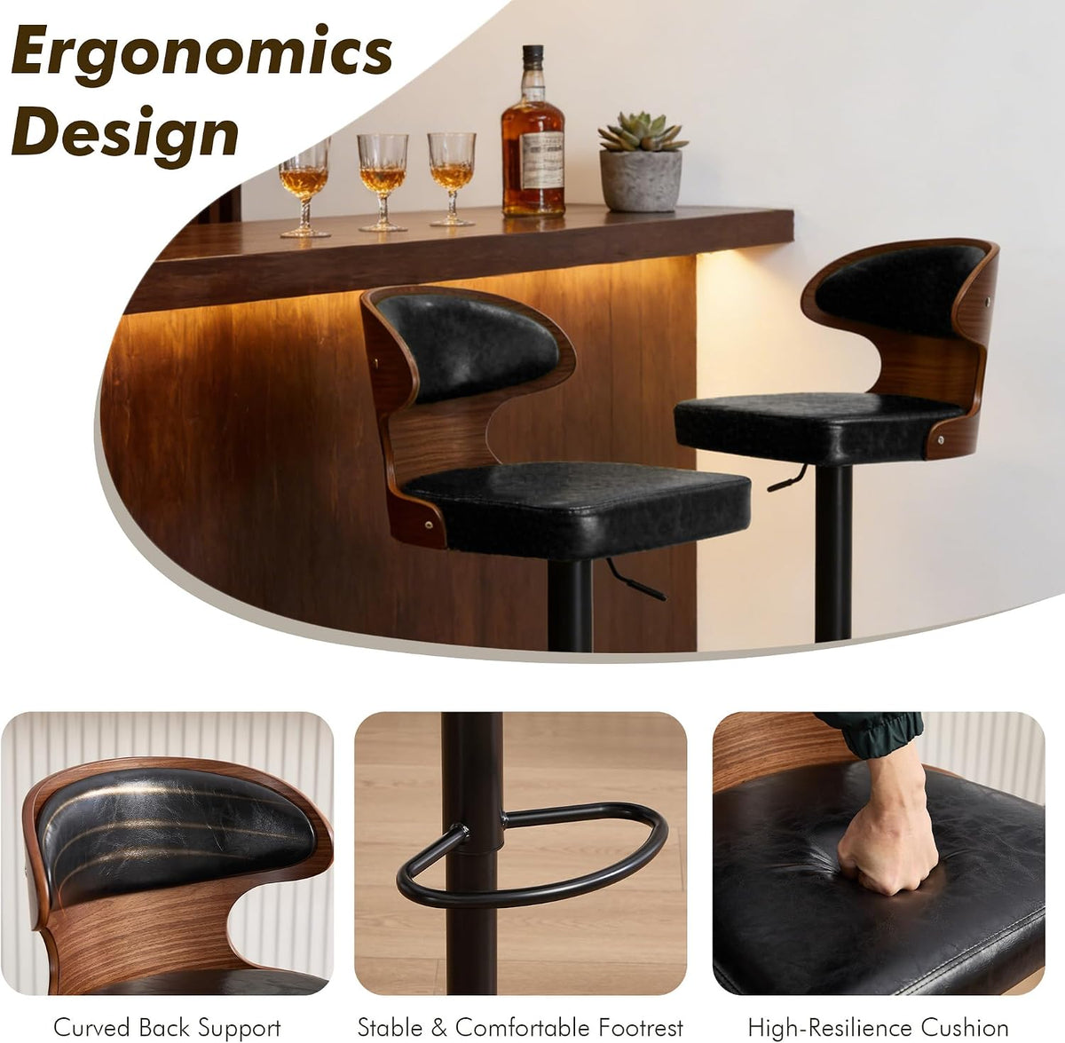 Bar Stool, 360° Swivel Barstools with Solid Wood Back and Footrest, Leather Adjustable Counter Height Chairs for Bar, Kitchen, Dining Room (Black)