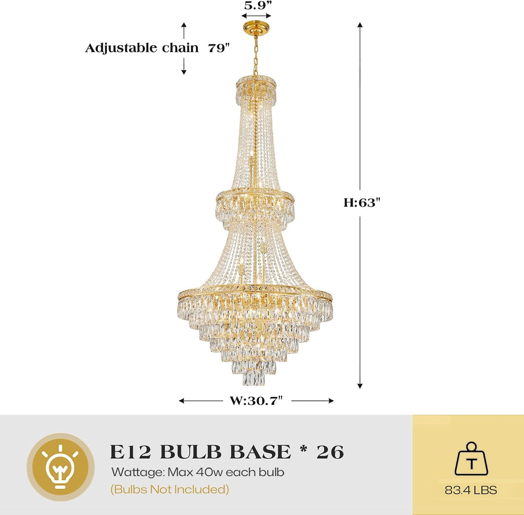 Large Gold Luxury Crystal Chandeliers 26 Lights Modern Chandelier for High Ceilings Crystal Pendant Light Fixture Foyer Staircase Hallway Entryway Banquet Hall Lobby 63" H x 30.7" D