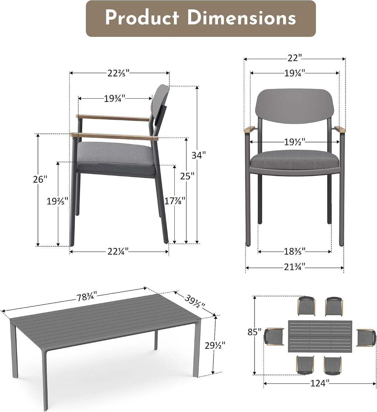 Modern Shade Luxury Outdoor Dining Set for 7, Outdoor Table and Chairs Set with Fade Resistant Cushions & FSC Teak, Premium Aluminum Patio Table and Chairs Set for Elegant Outdoor Living, Gray