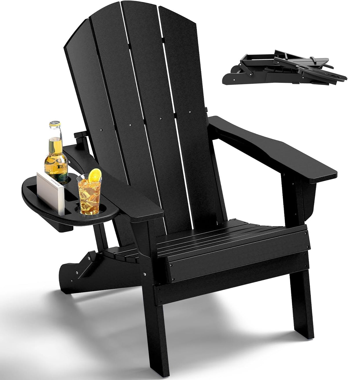NAVINE Folding Adirondack Chairs with 4-in-1 Cup Holder for Fire Pit, Black