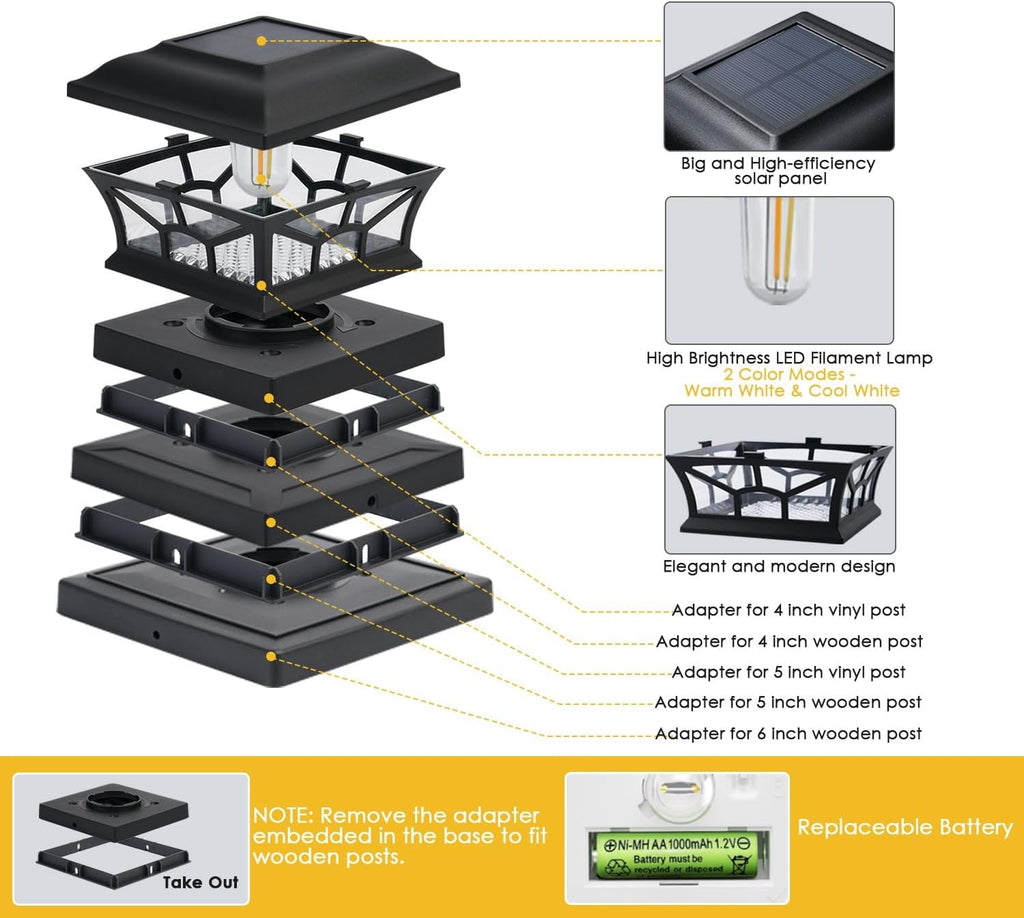 solar post cap lights outdoor waterproof, dual light showing dimensions