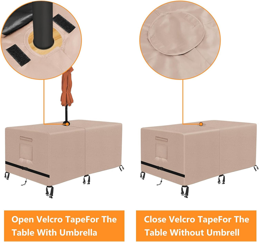 Rectangle Patio Table Cover with Umbrella Hole 108 Lx 82" W x 23.6" H,Khaki