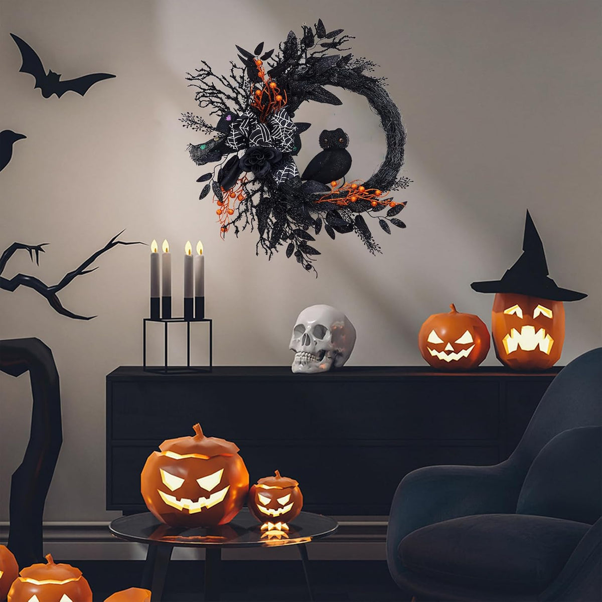 20 in Halloween Owl Wreath, Halloween Garland with Natural Vines and Black Artificial Roses for Door Porch Wall, Outdoor or Indoor Party Home Decor