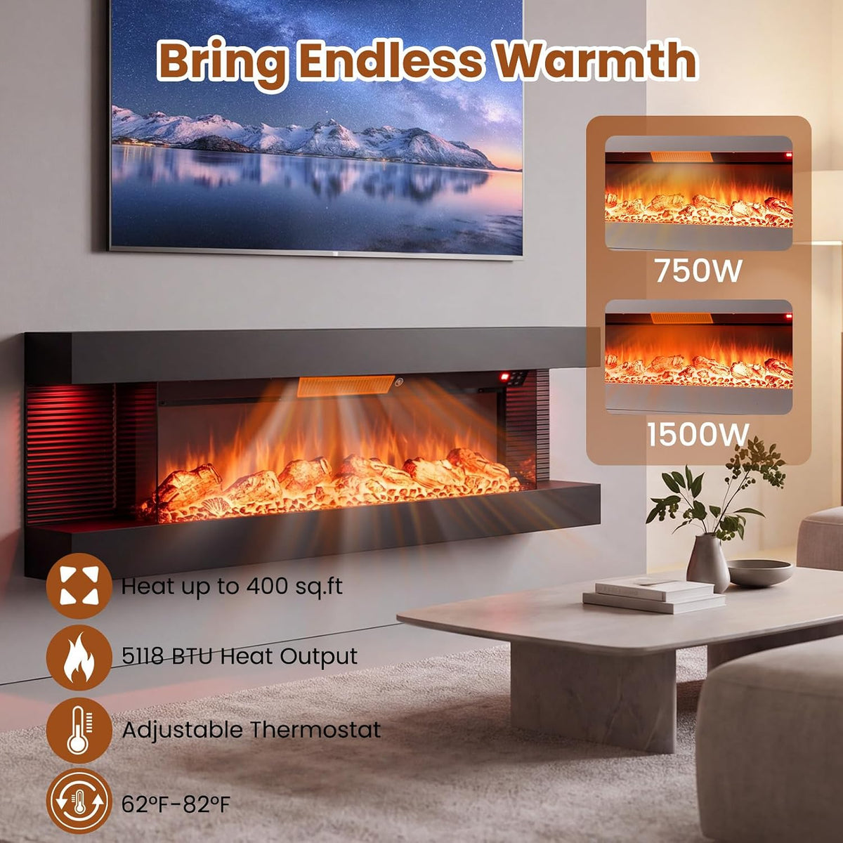 ORALNER 3 Sided Wall Mount Electric Fireplace w/ 50" Floating Mantel, Black